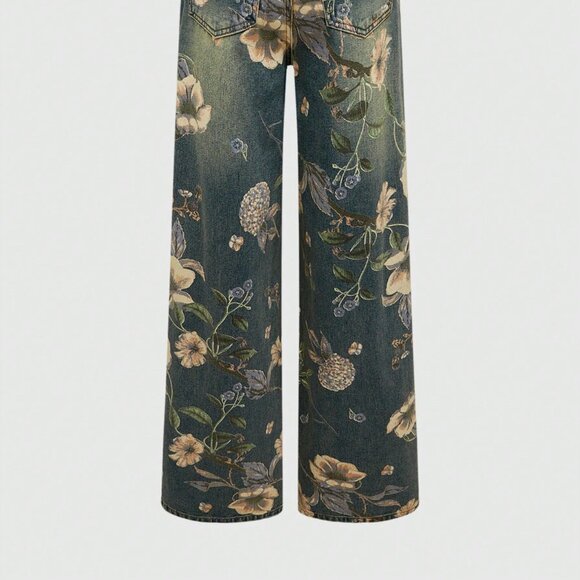 Blue Casual Women's Floral Printed Washed Loose Wide Leg Jeans - Picture 4 of 5